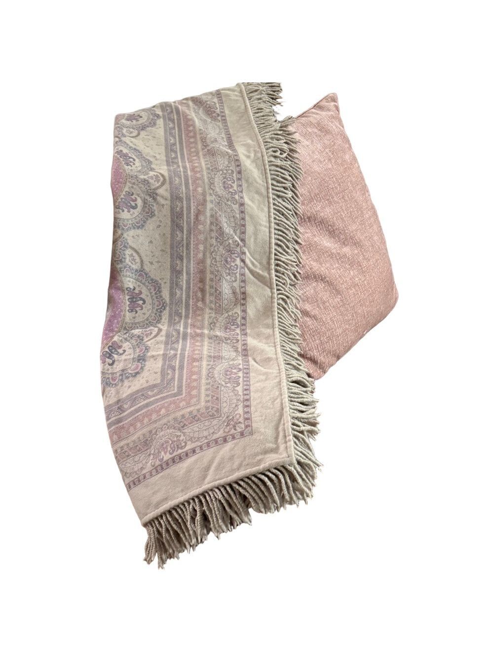 Cream and Pink Woven Throw Blanket with Fringe 31/58 inches